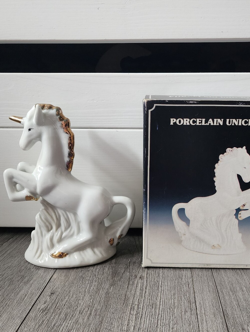 VTG White Porcelain Unicorn Figurine With Gold Accents - Original Box 1980s